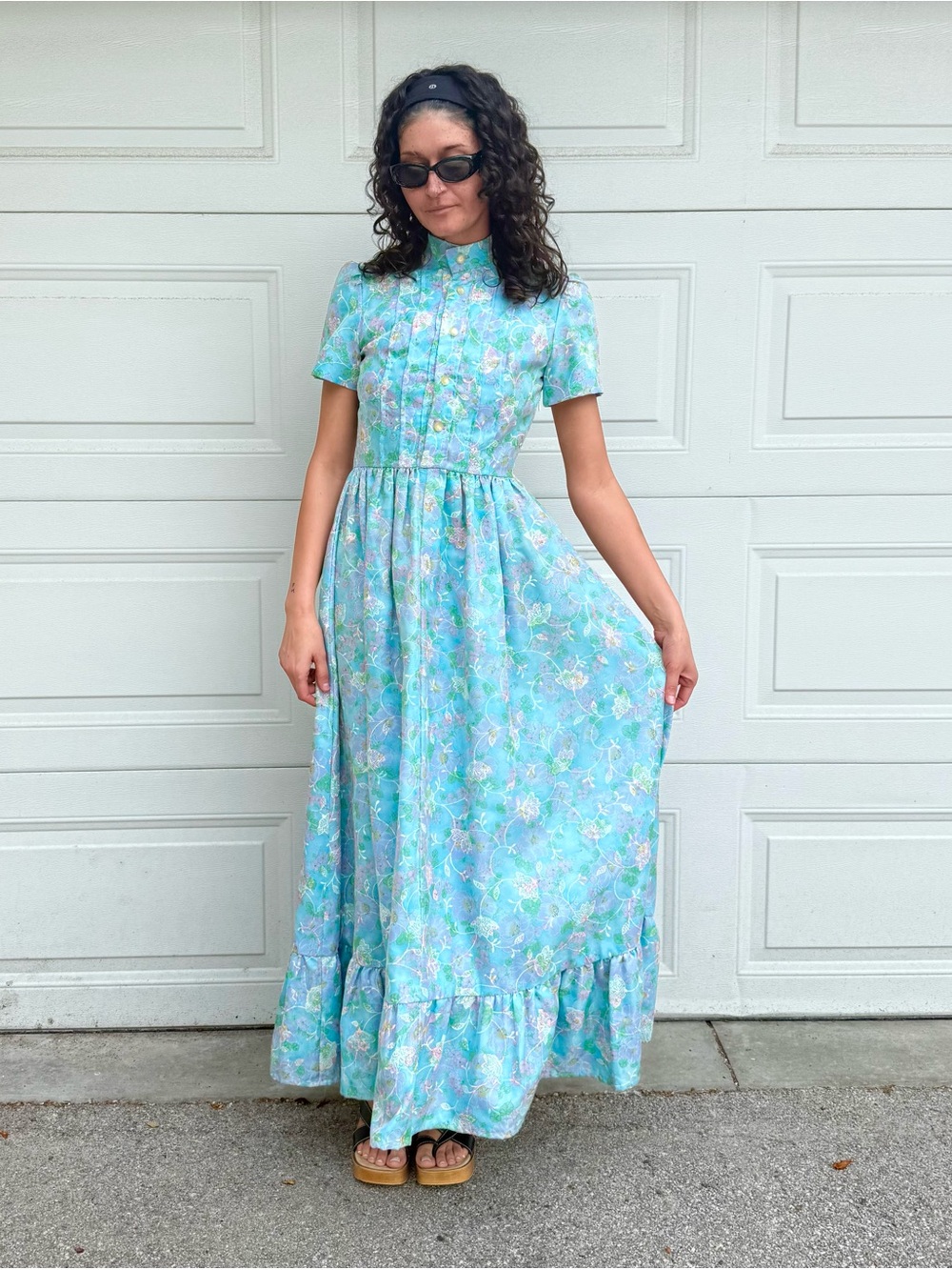 Vintage 70s Blue Floral Maxi Dress Prairie with Ruffle Hem Full Skirt S/M